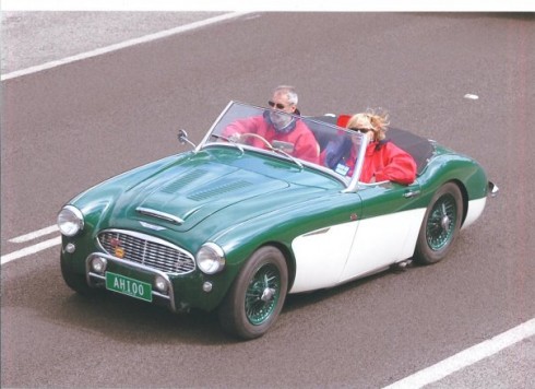 Les and Zonda Mathieson in their 1956 Austin Healey 100/6. (We resisted the temptation to invert the photo because they were driving 'Down Under'!) - Les Mathieson photo