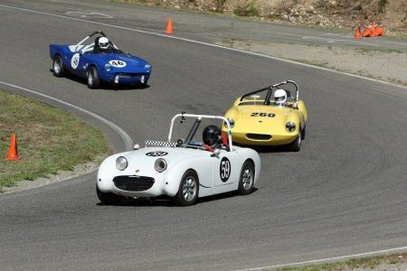 Three of the VRCBC's carve through one of Pacific Raceway's corners during SOVREN's Fall Finale event. Karlo Flores (1959 Austin Healey 'Bugeye' Sprite), Steve Clark (1959 Elva Courier) and Phil Pidcock (1965 Triumph Spitfire) pushing hard. Brent Martin photo