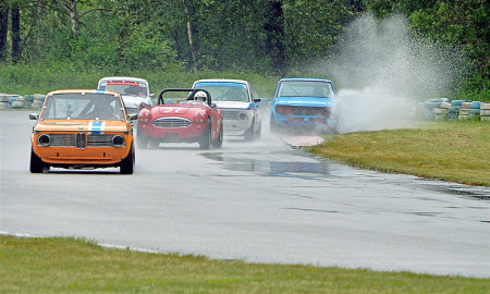 Ron Dempsey (1969 BMW 2002), Dave Phillips (1957 Austin Healey 100-6), Ian Thomas (1971 BMW 2002), Paul Haym ( Datsun 510) and Geoff Tupholme (1973 Mini) between Mission's Turns 1 and 2, at the 2013 BCHMR - Jim Moody photo