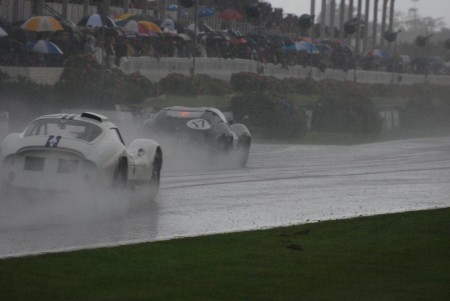  17 Dickie Attwood in a Lister Jaguar Coupe as the rain buckets down