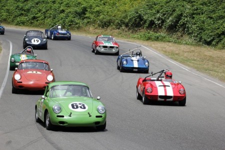 Long time VRCBC member Tim Pickstone in his beautiful 1963 Porsche 356C leads the pack in one of the Historic Small Bore races at the Pacific Northwest Historics. - Brent Martin photo