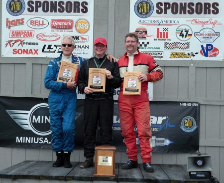 The M3 Class Podium with the third place man, our boy Geoff on the right, runner-up Richard Paterson on the left and the winner, UK Mini-legend Nick Swift (of Swiftune fame) in the centre. - photo courtesy Can-Am Mini Challenge