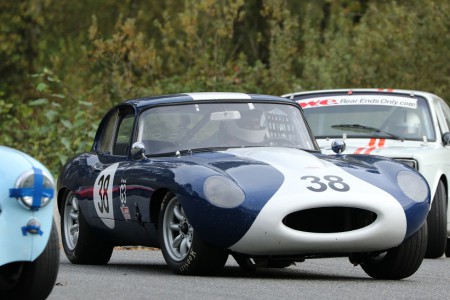 Gunter Pichler ('64 XKE) passes Ivan Lessner ('58 Austin Healey 100-6 BNG) on the inside with Ian Wood ('69 Volvo 142S) close on his tail. - Brent Martin photo