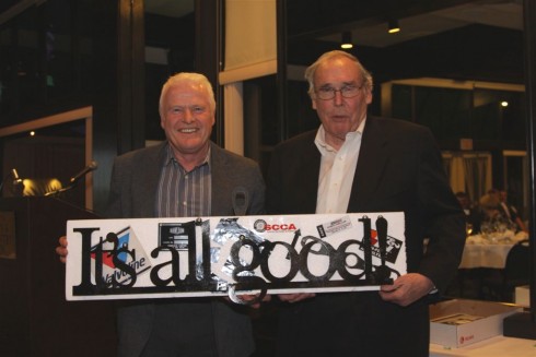 Ian Wood (L) presents BCHMR Event Chairman Tom Johnston (R) with a permanent memento of his (Ian's) infamous catch phrase: "It's all good!", which also summarized the evening.- Gerry Frechette photo